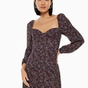 Aritzia Wine Red Pattern Dress with Puff Sleeves and Sweetheart Neckline